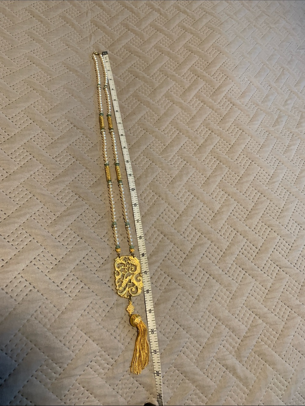 Ben-Amun $650 Bizantine Gold Pearl jade Filigree Pendant Necklace with Tassel - Picture 6 of 7